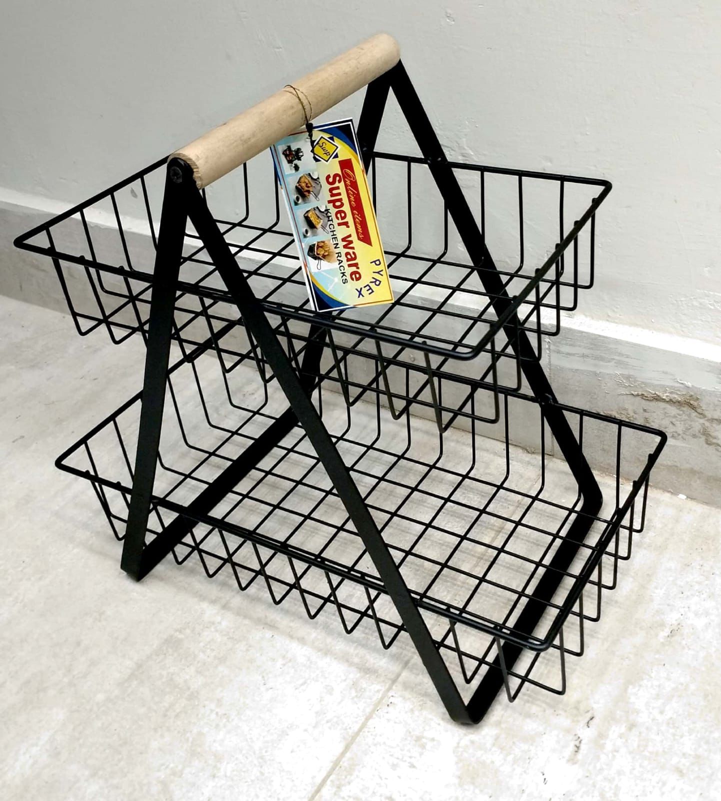 2 Tier Fruit Basket Rack Stand - Metal Kitchen Storage Organizer with Wooden Handle