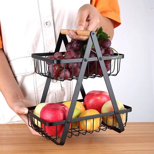 2 Tier Fruit Basket Rack Stand - Metal Kitchen Storage Organizer with Wooden Handle