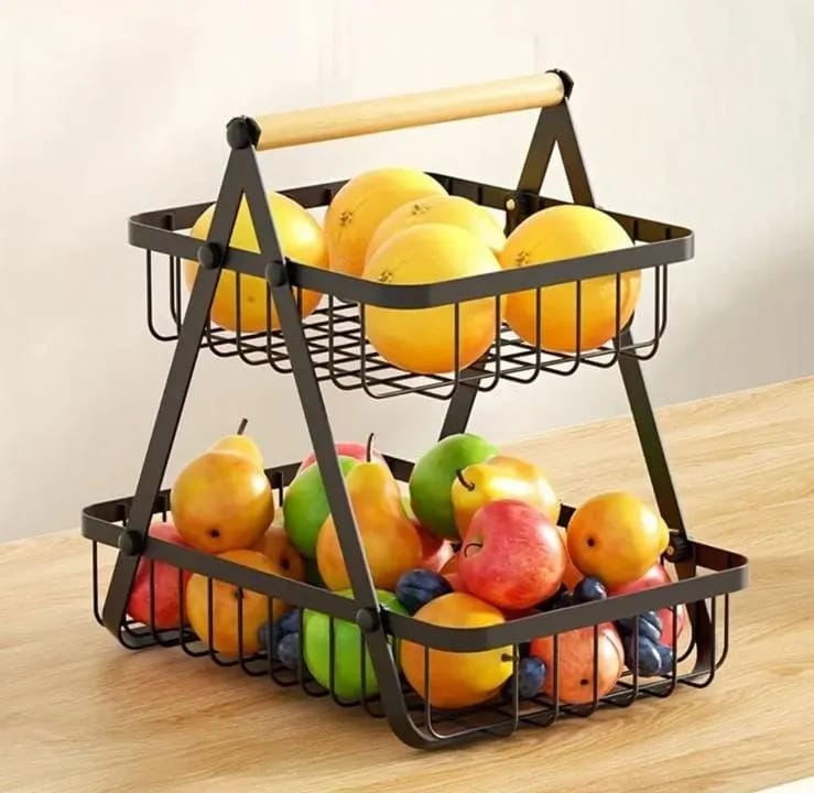 2 Tier Fruit Basket Rack Stand - Metal Kitchen Storage Organizer with Wooden Handle