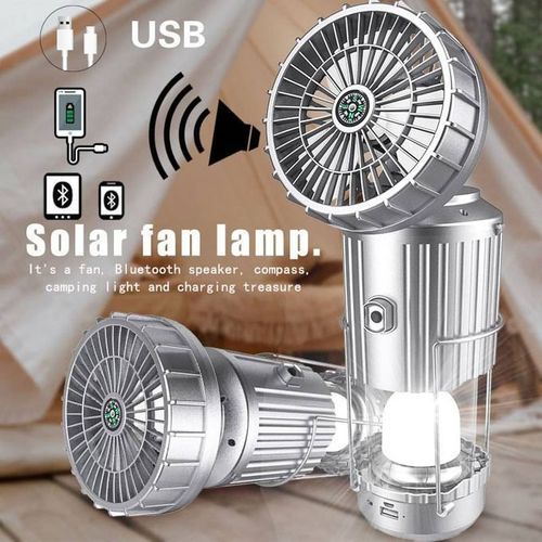 6-in-1 Solar Camping Fan with LED Light & Power Bank | Rechargeable Tent Lamp USB Charger