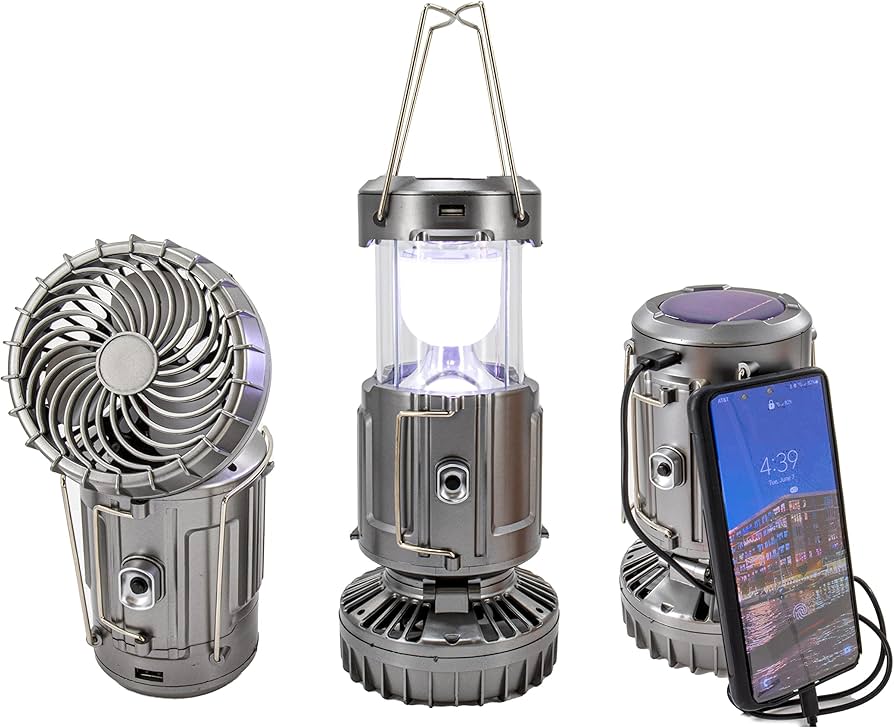 6-in-1 Solar Camping Fan with LED Light & Power Bank | Rechargeable Tent Lamp USB Charger